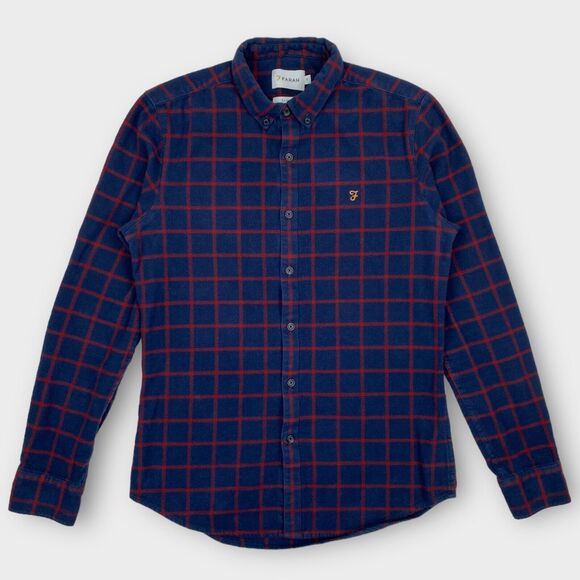 Farah Shirt Mens Small Slim Fit Flannel Windowpane Check Navy Logo Button Down - Picture 3 of 13